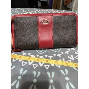 COACH Zip Around Long Wallet Signature C Mahogany Brown Red Accent